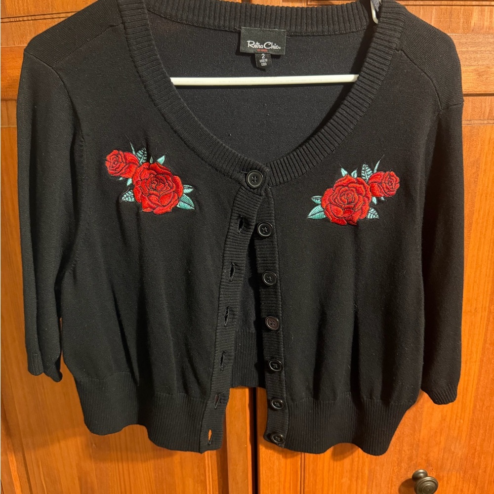 Torrid Black Cardigan with Red Floral Embroidery